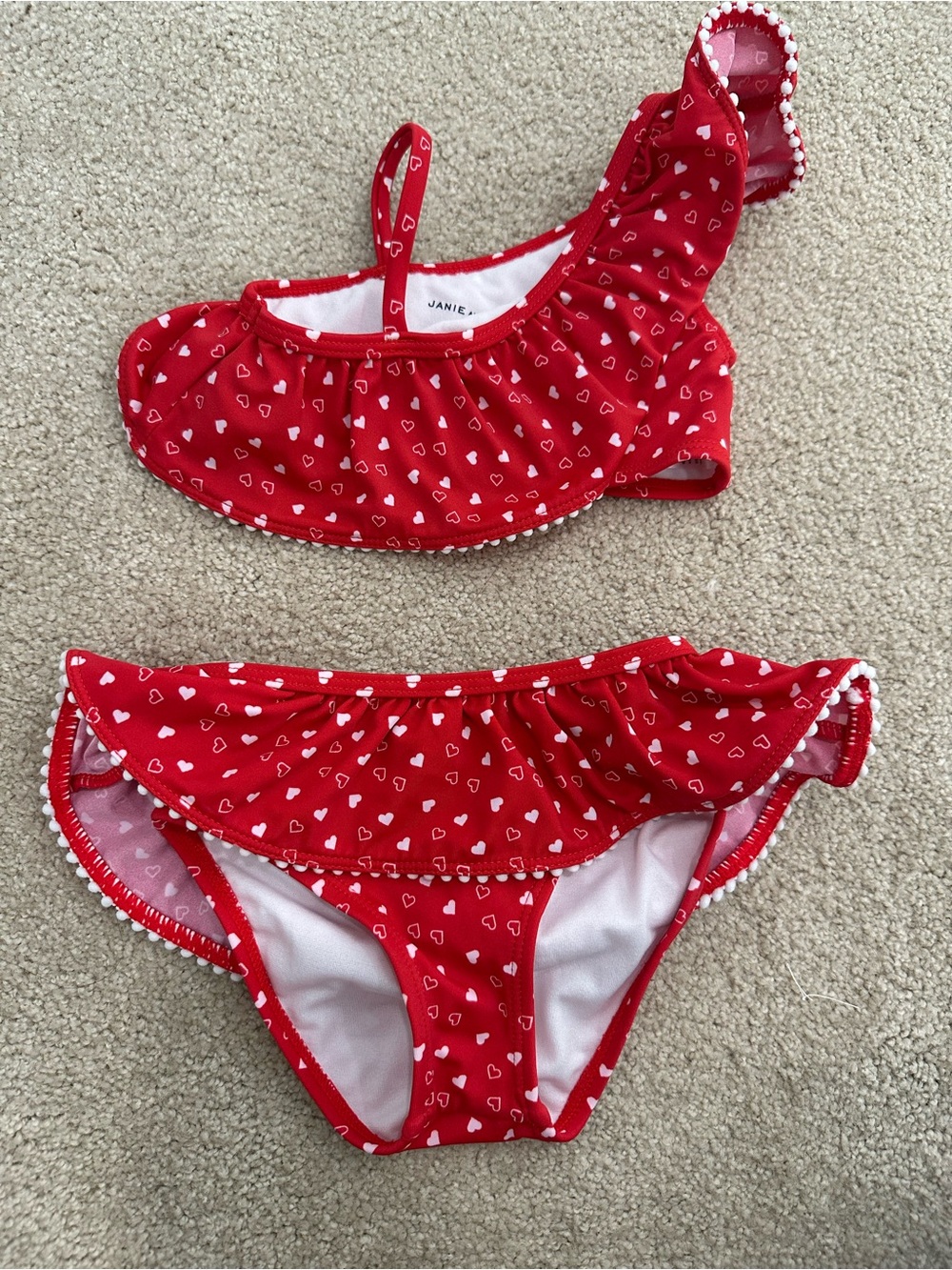 Janie and Jack Red Heart Print Ruffle Bikini Set